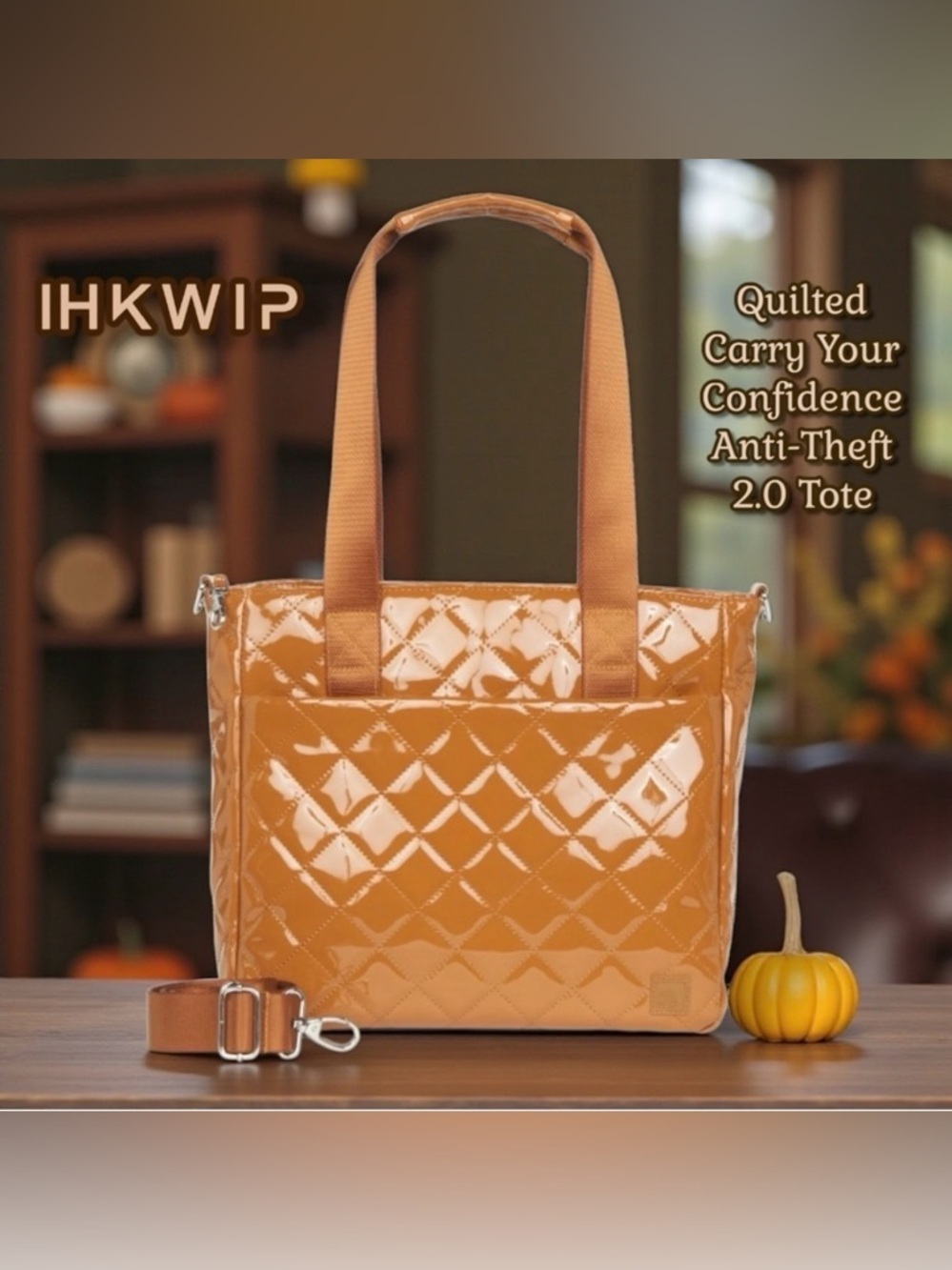 IHKWIP THE QUILTED CARRY YOUR CONFIDENCE ANTI-THEFT TOTE - PATENT CARAMEL